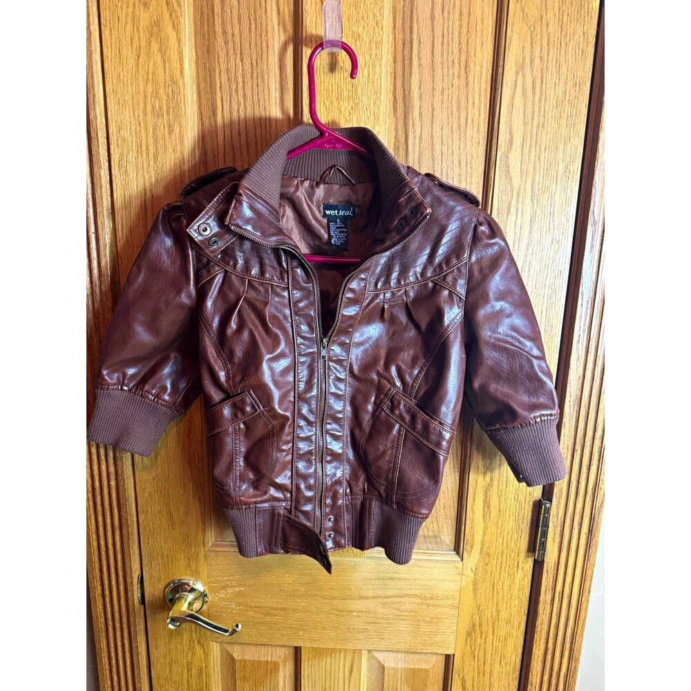 Wet Seal Girls Brown Faux Leather Bomber Jacket S Zip Front Lined Fall/Winter